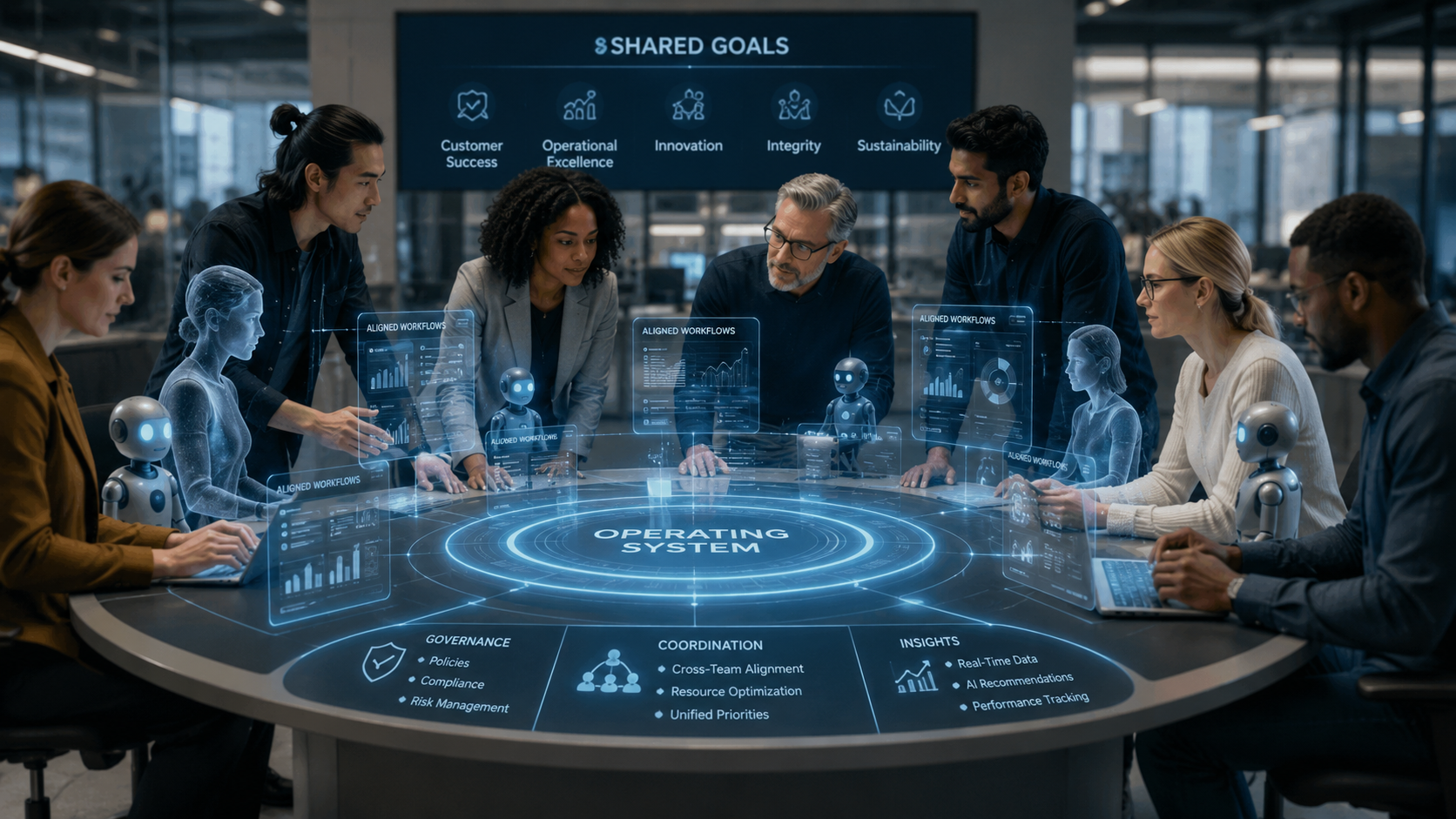 Diverse engineering team and AI agents collaborating around a shared operating system